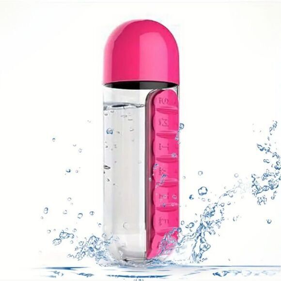Portable Sports Water Medication Bottle Plastic 20oz with Built-in Pill Box Pink - Picture 1 of 8